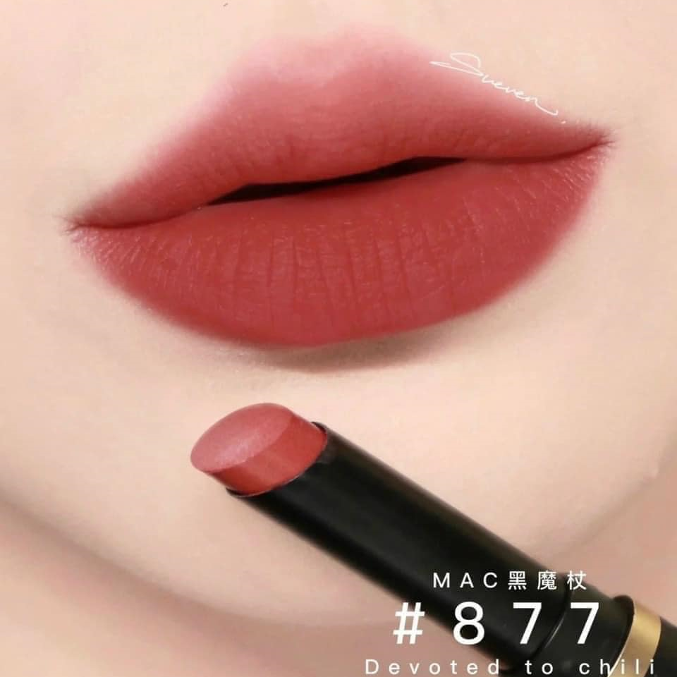 Son MAC Powder Kiss Velvet Blur Slim 877 Devoted To Chili - Màu Đỏ Đất - Image 6