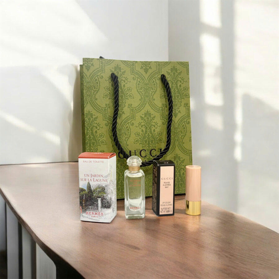 Set Nước Hoa Hermès Un Jardin Sur La Lagune EDT + Son Gucci Rouge À Lèvres Voile Mat 25 Goldie Red Mini